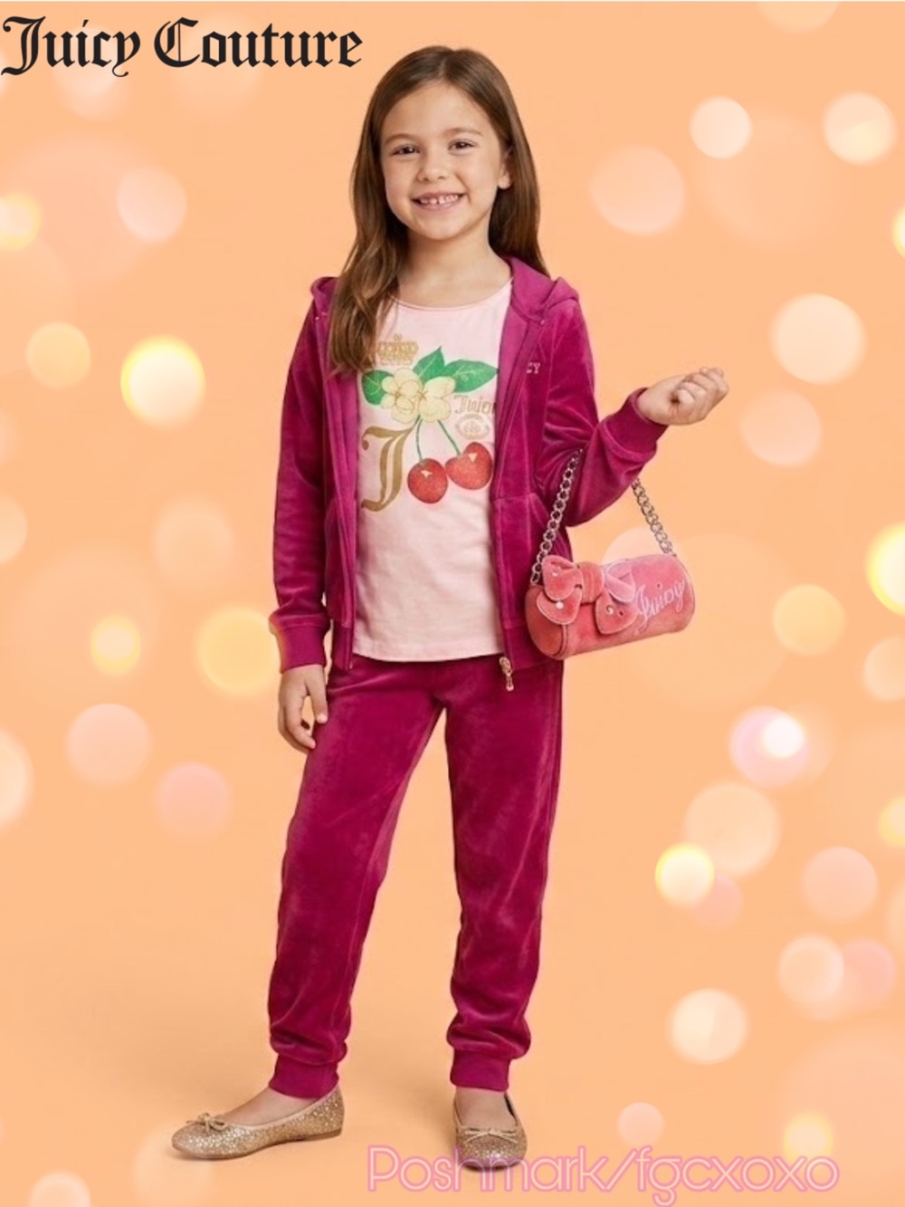 Juicy Couture Girls Pink Velvet Tracksuit with Cherry top